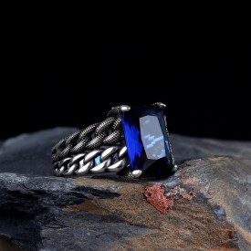 Mavi Renk Zirkon Taşlı Örgü Model Gümüş Erkek Yüzük