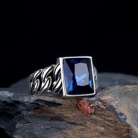 MAVİ ZİRKON TAŞLI ÖRGÜ MODEL 925 AYAR GÜMÜŞ ERKEK YÜZÜK