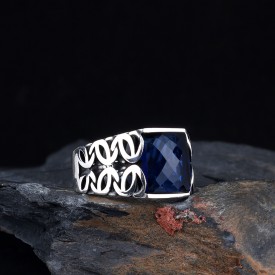 MAVİ RENK ZİRKON TAŞLI 925 AYAR GÜMÜŞ ERKEK YÜZÜK