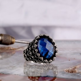 MAVİ RENK ZİRKON TAŞLI MODEL 925 AYAR GÜMÜŞ ERKEK YÜZÜK