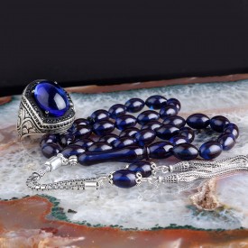 925 Ayar Gümüş Püsküllü Ateş Kehribar Tesbih Yüzük Kombini