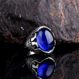 MAVİ RENK ZİRKON TAŞLI ÇİFT BAŞLI KARTAL MODEL ERKEK YÜZÜK