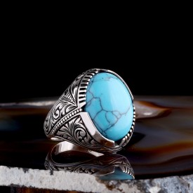 TURKUAZ TAŞLI KALEM İŞLEME DESENLİ 925 AYAR GÜMÜŞ ERKEK YÜZÜK