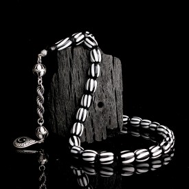 925 Ayar Gümüş Mineli Püsküllü Siyah Beyaz Ayyıldız Model Ateş Kehribar Tesbih