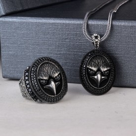 925 Ayar Gümüş Mikro Taşlı Kartal Motifli Kolye Yüzük Kombini