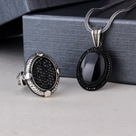 925 Ayar Gümüş Onix ve Mikro Taşlı Kolye Yüzük Kombini