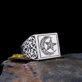 925 Ayar Gümüş Ayyıldız Model Kelime-i Tevhid Yazılı Erkek Yüzük