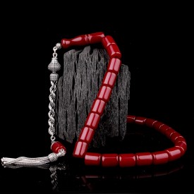 925 Ayar Gümüş Püsküllü  Kesme Model Bordo Renk Ateş Kehribar Tesbih