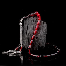 Süzme Renk Kapsül Kesim 925 Ayar Gümüş Püsküllü Ateş Kehribar Tesbih