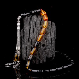 Süzme Renk Kapsül Kesim 925 Ayar Gümüş Püsküllü Ateş Kehribar Tesbih