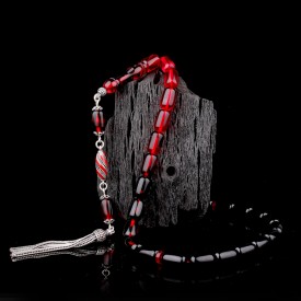 Süzme Renk Kapsül Kesim 925 Ayar Gümüş Mineli Püsküllü Ateş Kehribar Tesbih