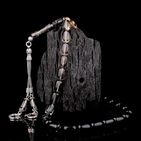 Süzme Renk Kapsül Kesim 925 Ayar Gümüş Püsküllü Ateş Kehribar Tesbih