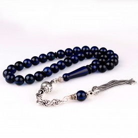 Parlament Mavisi Renk Damla Kehribar Tesbih 925 Ayar Gümüş Püsküllü