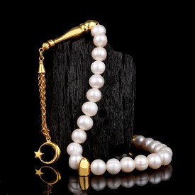 ALTIN KAPLAMA GÜMÜŞ PÜSKÜLLÜ MERMİ DURAKLI İNCİ TAŞI TESBİH