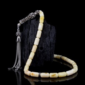 Kapsül Kesim Damla Kehribar Tesbih Zirkon Set Gümüş Püsküllü