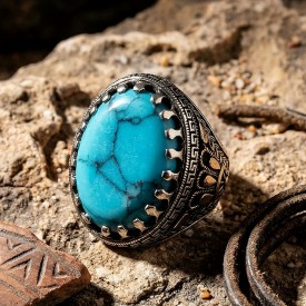 Orjinal Turkuaz Taşlı Otantik Model 925 Ayar Gümüş Yüzük