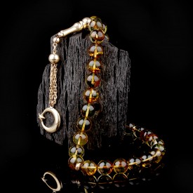 14 Ayar Altın İmame Püsküllü Fosil Damla Kehribar Tesbih