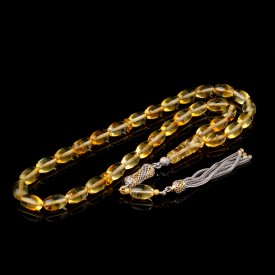 925 Ayar Gümüş Püsküllü Arpa Kesim Damla Kehribar Tesbih