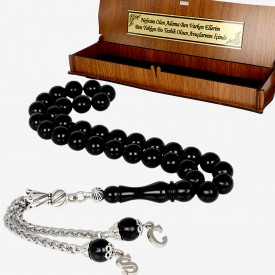 Ateş Kehribar Taşlı Kararmaz Metal Püskül Harfli Model Tesbih