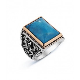 Turkuaz Taşlı Dikdörtgen Büyük Gümüş Erkek Yüzük