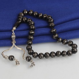 Gümüş Püsküllü Harfli Gümüş İşlemeli Oltu Taşı Tesbih