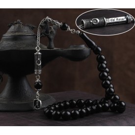 Gümüş Püsküllü İsim Yazılı Oltu Taşı Tesbih