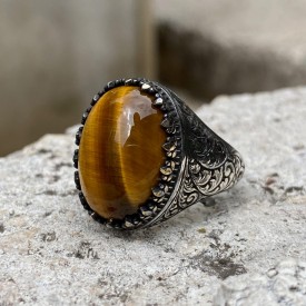 Kaplan Gözü Taşlı Osmanlı Desenli Gümüş Yüzük