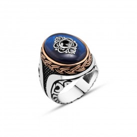 Mavi Sentetik Kehribar Üzeri Motifli Gümüş Erkek Yüzük