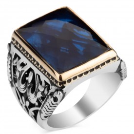Mavi Zirkon Taşlı Dikdörtgen Büyük Gümüş Erkek Yüzük