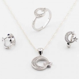 925 Ayar Gümüş Zirkon Taşlı Ay Yıldız Bayan Set