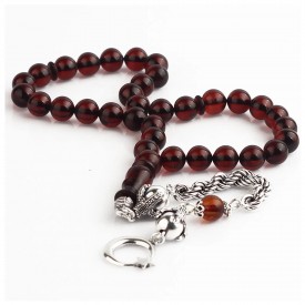 Gümüş Püsküllü Çay Rengi Sertifikalı Doğal Damla Kehribar Tesbih