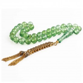 Gümüş Püsküllü Doğal Su Yeşili Damla Kehribar Tesbih