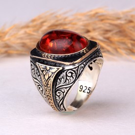 KALEM İŞLEME MOTİFLİ KEHRİBAR TAŞLI GÜMÜŞ YÜZÜK