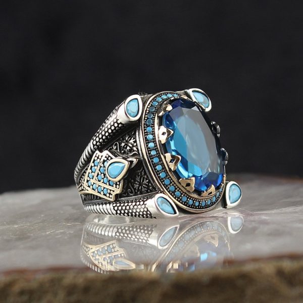 Mavi Topaz Taşlı 925 Ayar Gümüş Erkek Yüzük