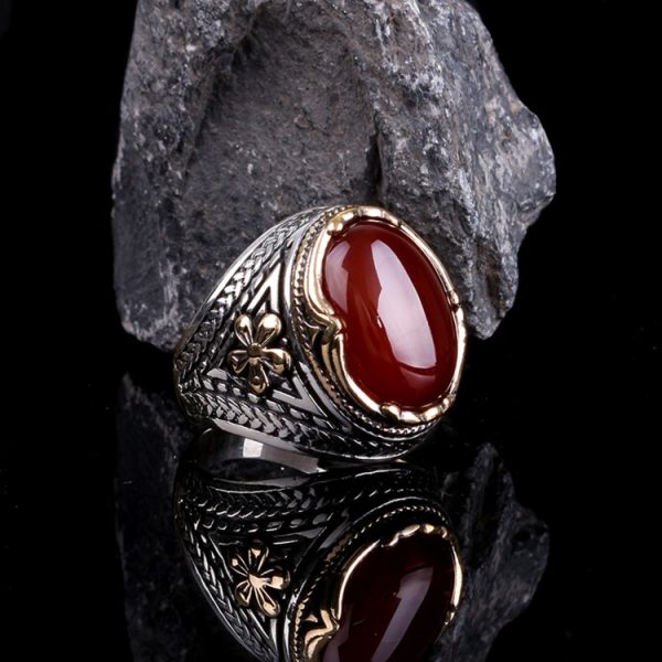 925 Ayar Gümüş Bordo Renk Akik Taşı Erkek Yüzük