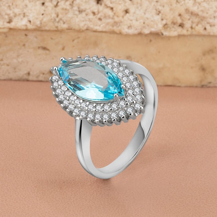 925 Ayar Gümüş Blue Aqua Taşlı Model Yüzük