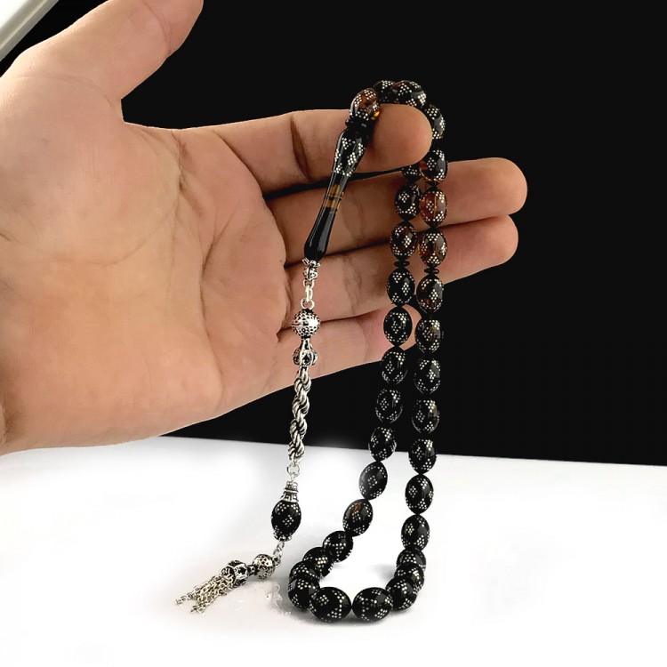 SÜZME RENK GÜMÜŞ İŞLEMELİ ATEŞ KEHRİBAR TESBİH - Görsel 4