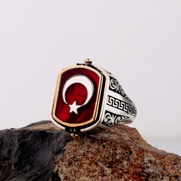 Cift Tarafli Ayyildiz Model Mineli 925 Ayar Gumus Yuzuk