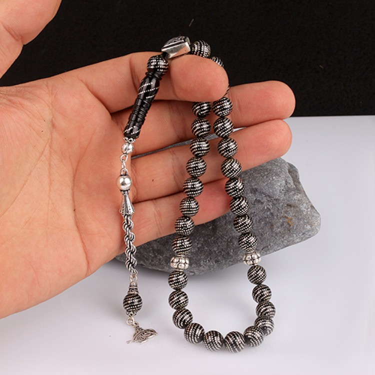 NOKTA GÜMÜŞ İŞLEMELİ BURGU ZİNCİR PÜSKÜLLÜ ERZURUM OLTU TAŞI TESBİH - Görsel 3