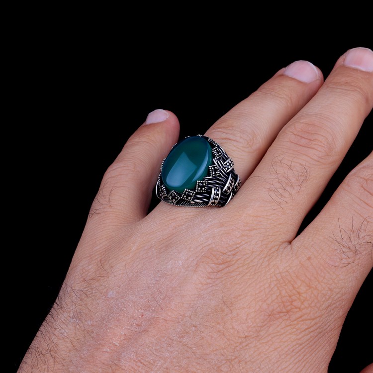 Akik Taşlı Oval Model 925 Ayar Gümüş Erkek Yüzük - Görsel 2
