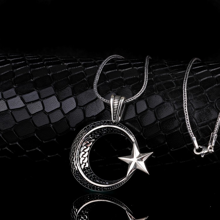 925 Ayar Gümüş Örgü Model Ayyıldız Mikro Taşlı Kolye