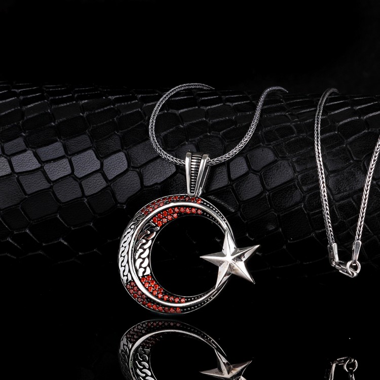 925 Ayar Gümüş Örgü Model 2 Ayyıldız Mikro Taşlı Kolye