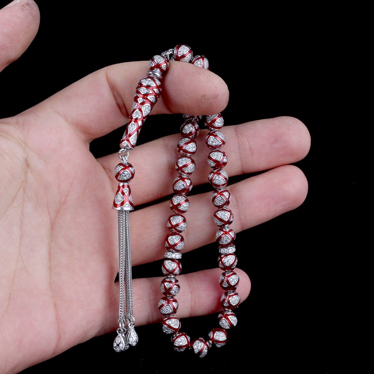 ZİRKON TAŞLI KIRMIZI MİNELİ 925 AYAR GÜMÜŞ TESBİH - Görsel 3