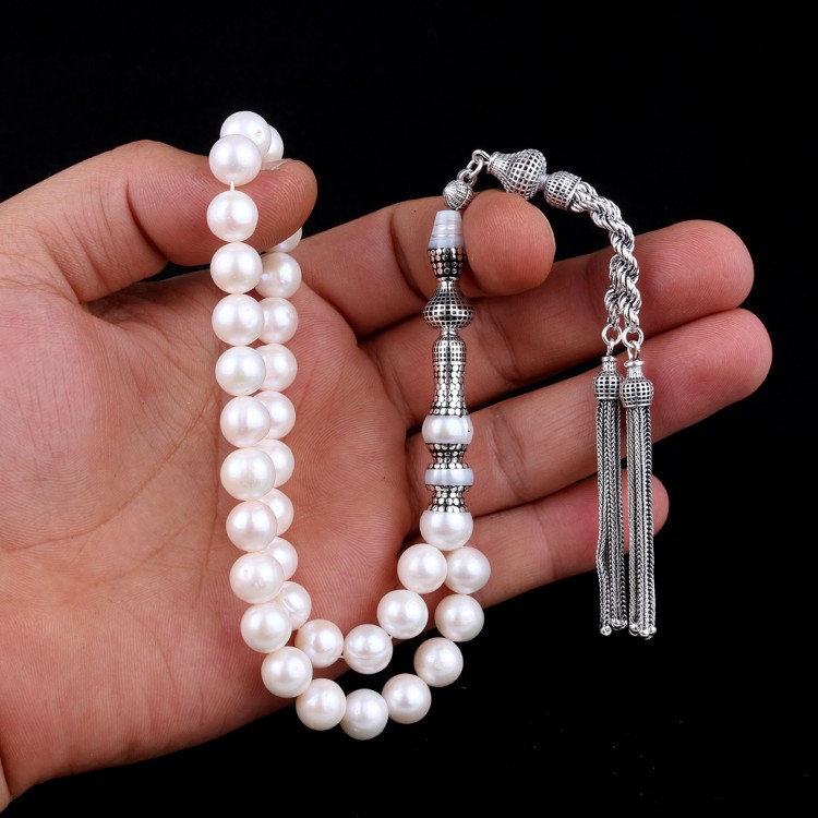 ÖZEL TASARIM GÜMÜŞ NAKKAŞ İMAME 10 mm İNCİ TAŞI TESBİH - Görsel 2