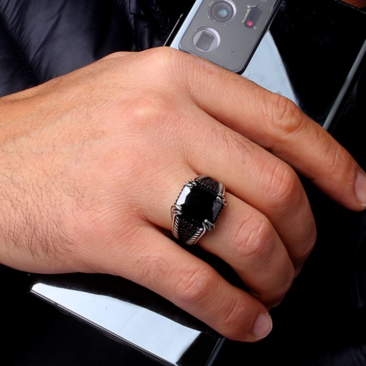 925 Ayar Gümüş Siyah Zirkon Taşlı Yanı Mikro Model Erkek Yüzük - Görsel 3