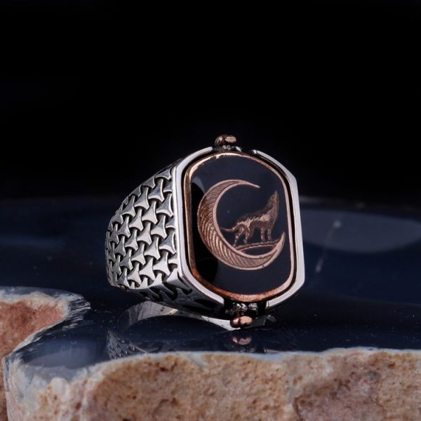 Çift Taraflı Hilal Kurt Ayyıldız Model 925 Ayar Gümüş Erkek Yüzük