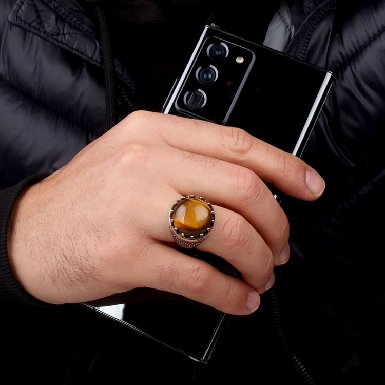 KAPLANGÖZÜ TAŞLI OVAL MODEL 925 AYAR GÜMÜŞ ERKEK YÜZÜK - Görsel 3