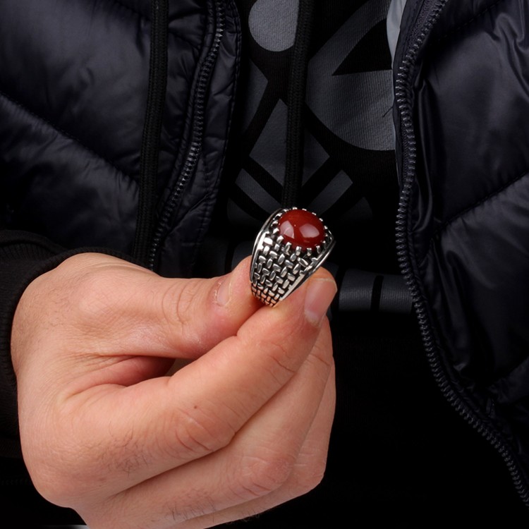AKİK TAŞLI ÖRGÜ MODEL 925 AYAR GÜMÜŞ ERKEK YÜZÜK - Görsel 4