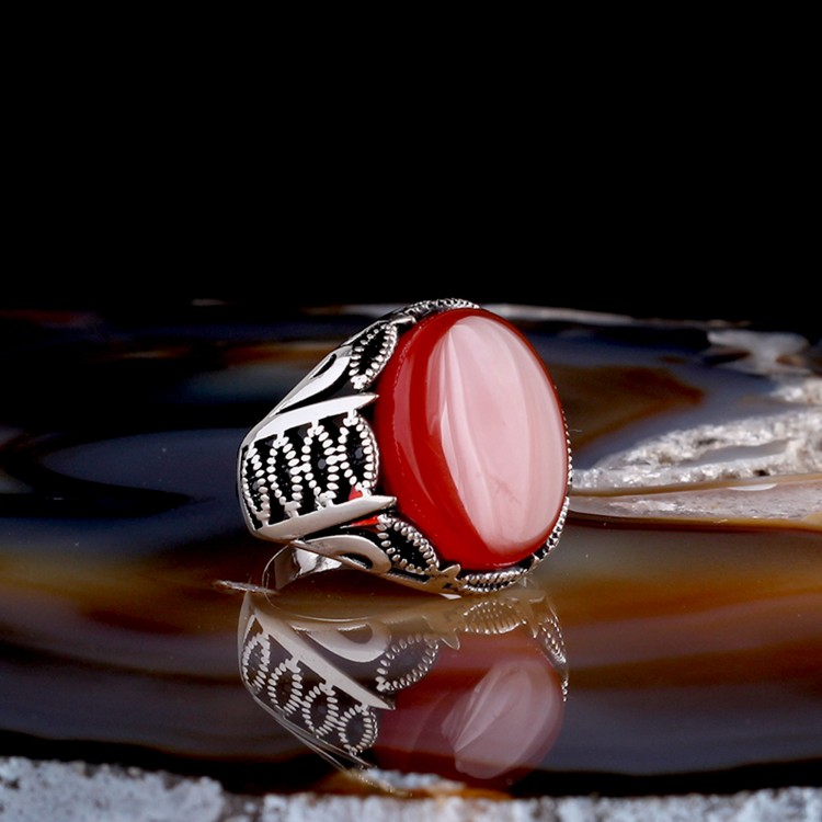 Akik Taşlı Oval Model 925 Ayar Gümüş Erkek Yüzük