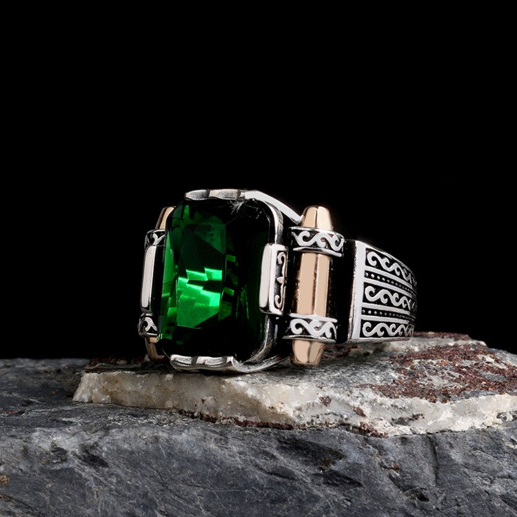 925 Ayar Gümüş Yeşil Zirkon Taşlı Model Erkek Yüzük - Görsel 2